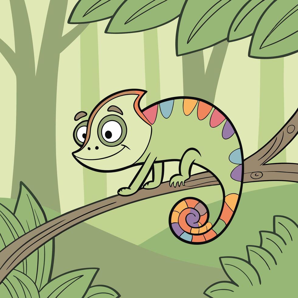 Rainbow Chameleon Cartoon Illustration Green Reptile in Rainforest. vector