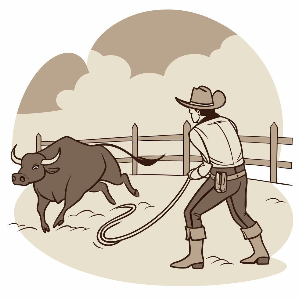 Cowboy Lassoing Bull Sepia toned Vintage Illustration Ranch, Rodeo. vector