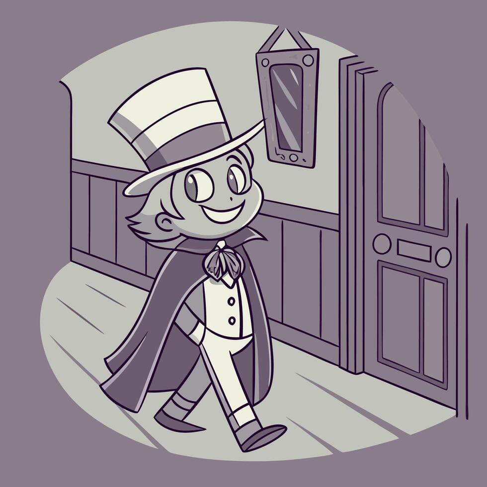 Whimsical Boy in Top Hat Monochrome Hallway Illustration Cartoon Character Design. vector