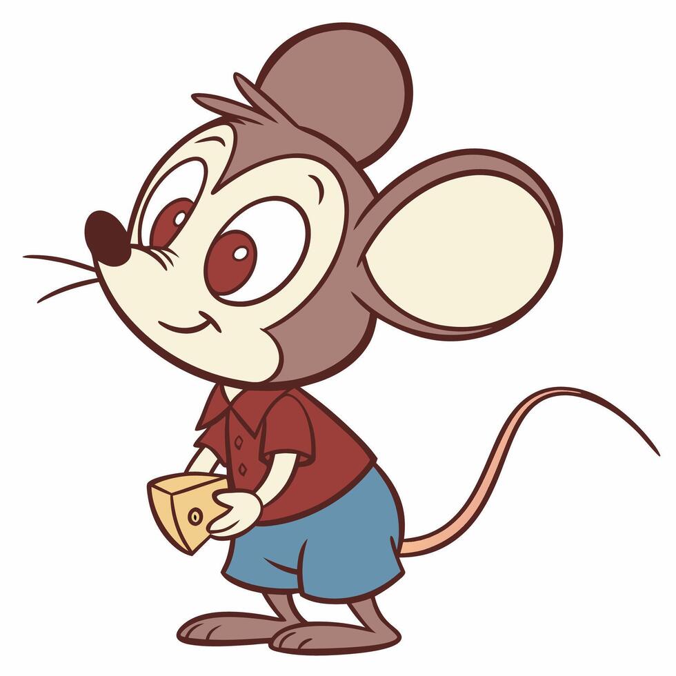 Cute Cartoon Mouse with Cheese Childrens Illustration, Red Shirt. vector