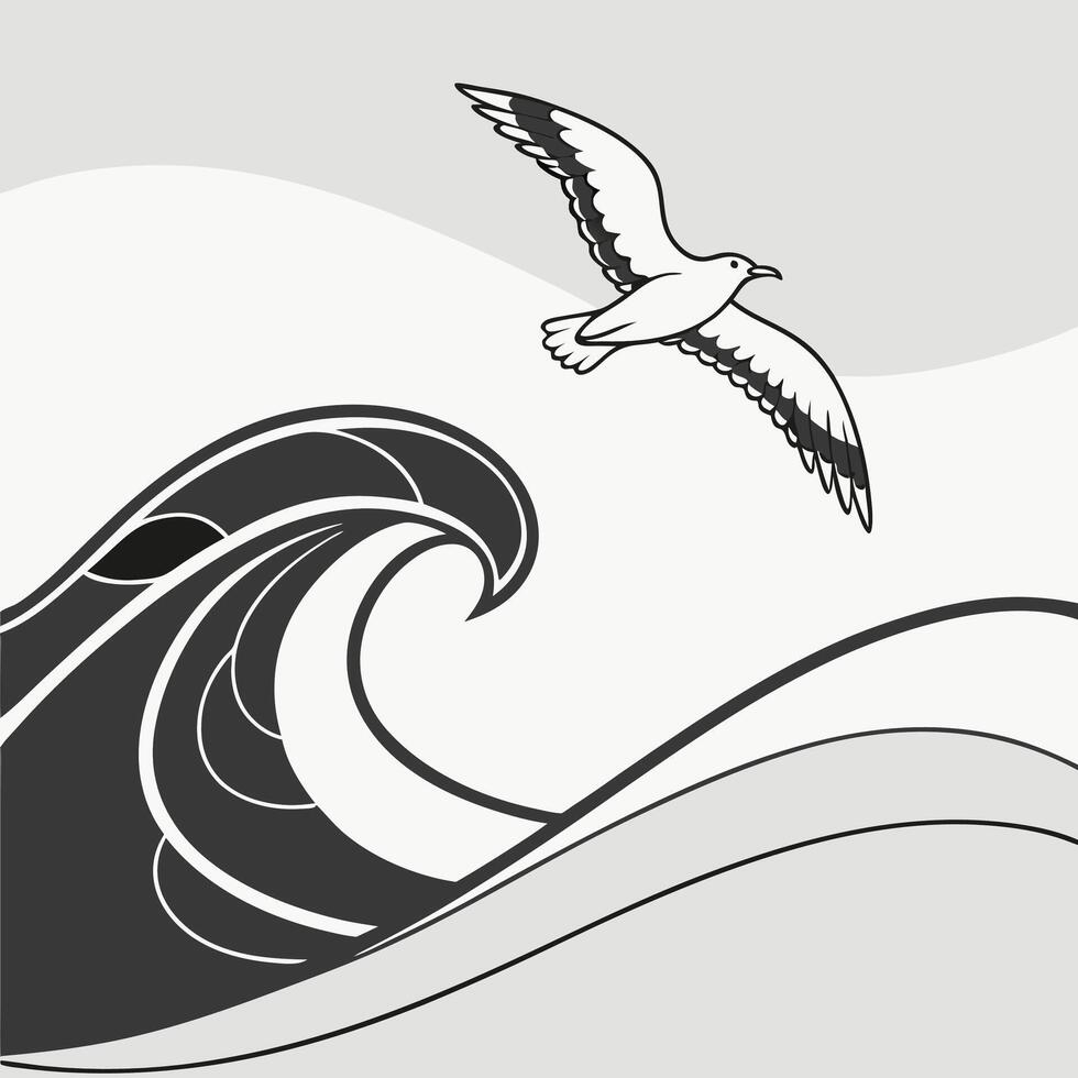 Seagull and Ocean Waves Grayscale Illustration Elegant Coastal Design. vector