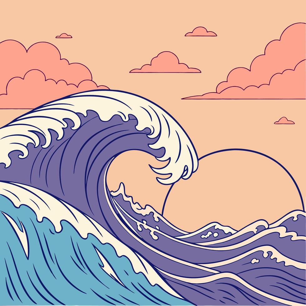 Pastel Ocean Wave Japanese Style Sunset Wave Illustration High Resolution Graphic. vector