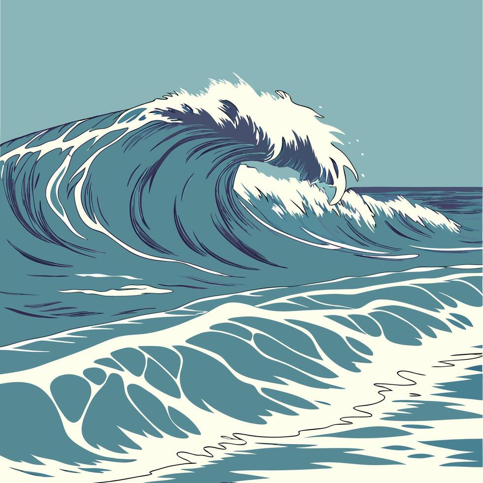 Ocean Wave Graphic Teal Blue Crashing Surf. vector