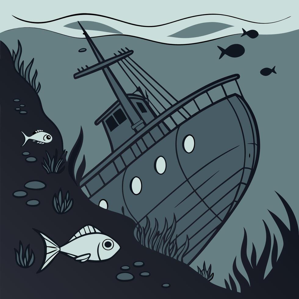 Sunken Ship Underwater Illustration Teal and Blue Nautical Artwork. vector