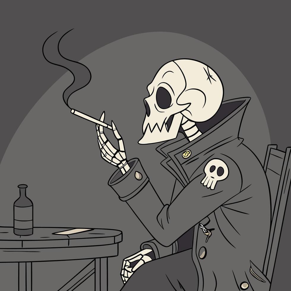 Monochrome Skeleton Smoking Edgy Vintage Biker Illustration. vector