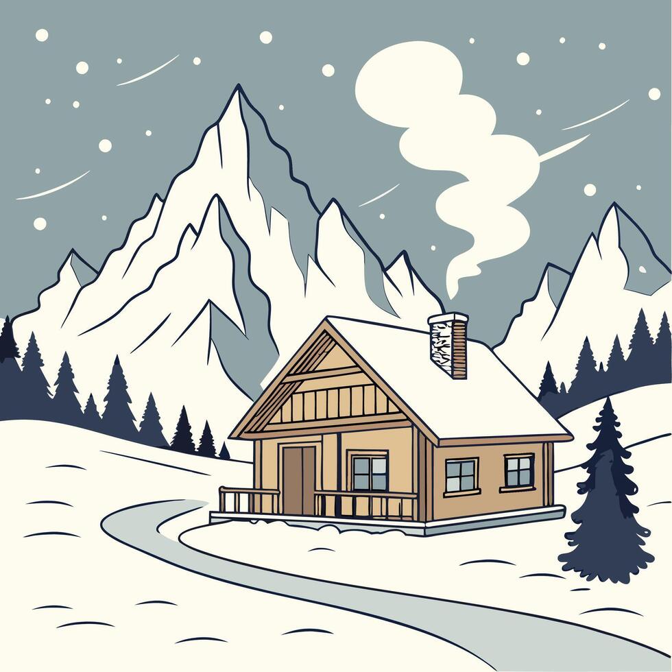 Winter Cabin Mountain Landscape Cozy Snow Scene Illustration. vector