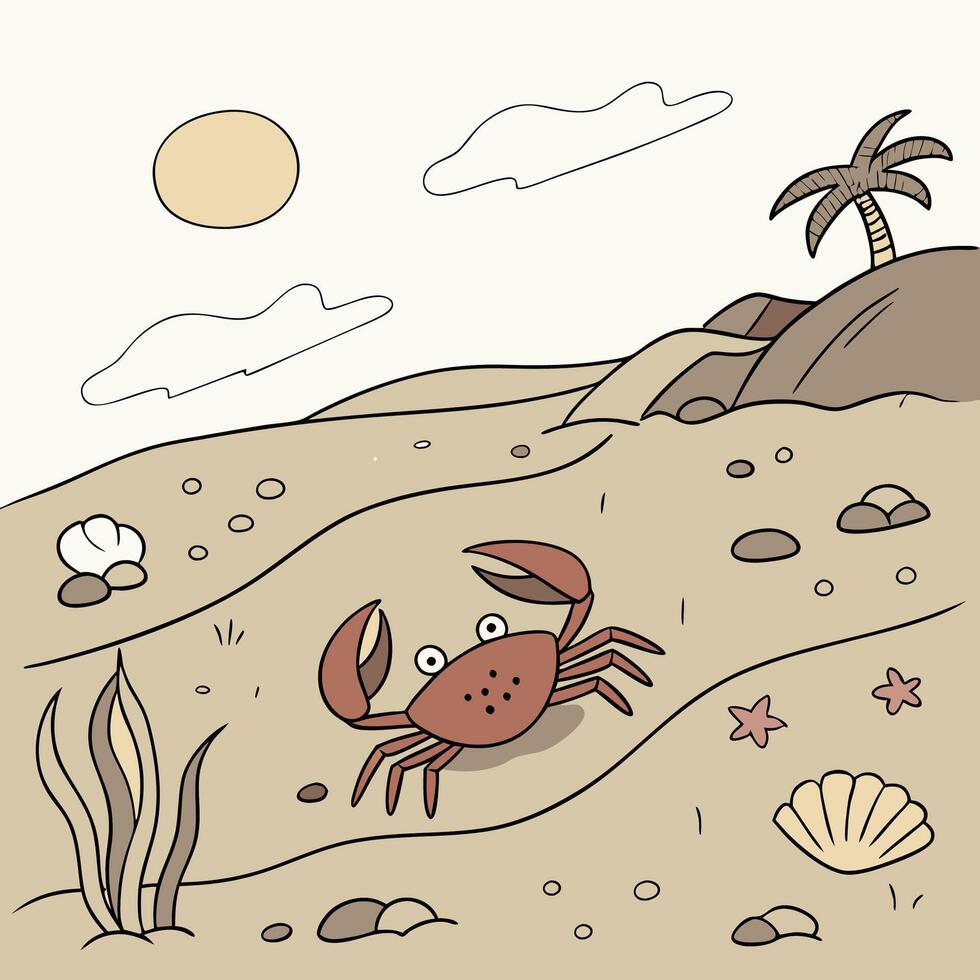 Cute Cartoon Crab on Sandy Beach Kids Illustration, Summer Design. vector