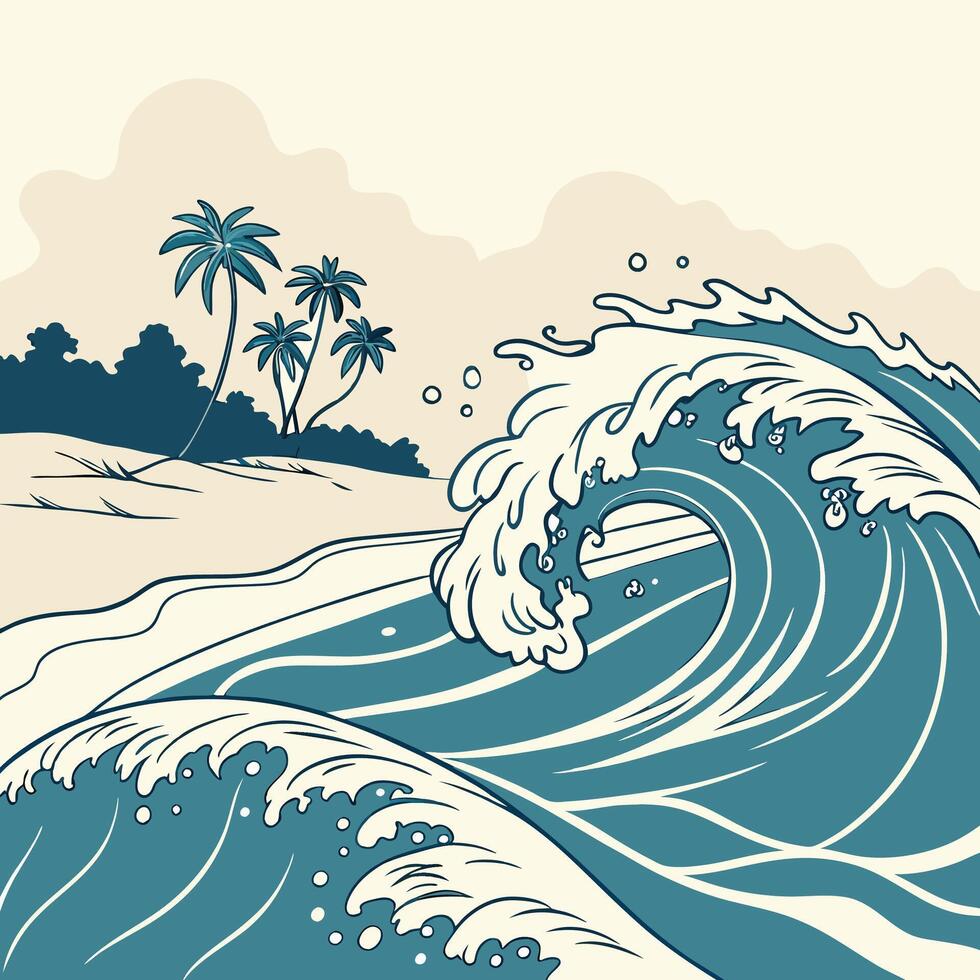 Ocean Wave Beach Scene Teal Illustration Palm Trees. vector