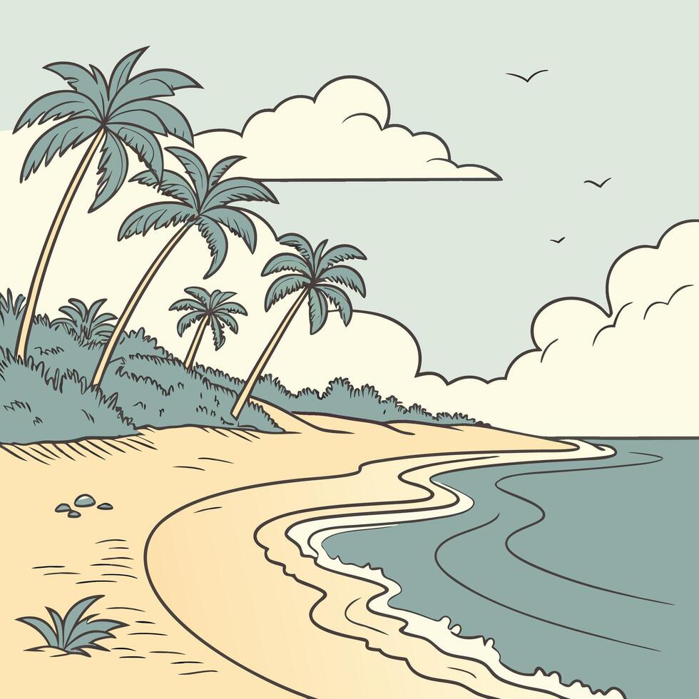 Serene Tropical Beach Palm Trees, Ocean Waves. vector