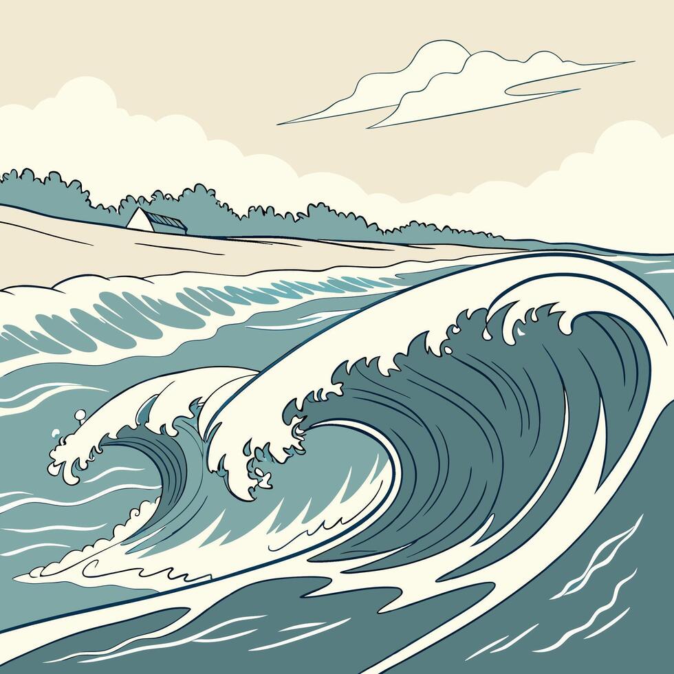 Ukiyo e Style Ocean Waves Teal Beach Scene. vector