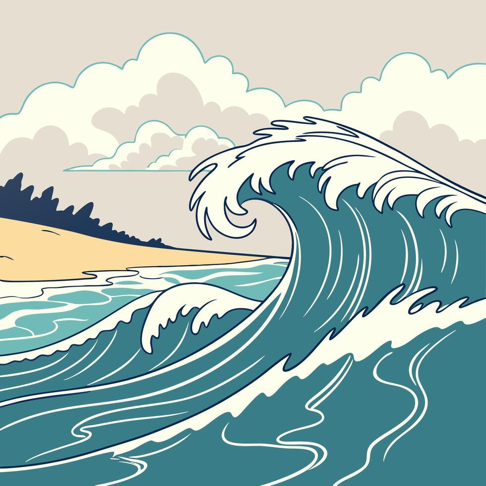 Dramatic Teal Ocean Wave Illustration Ukiyo e Style Beach Scene. vector