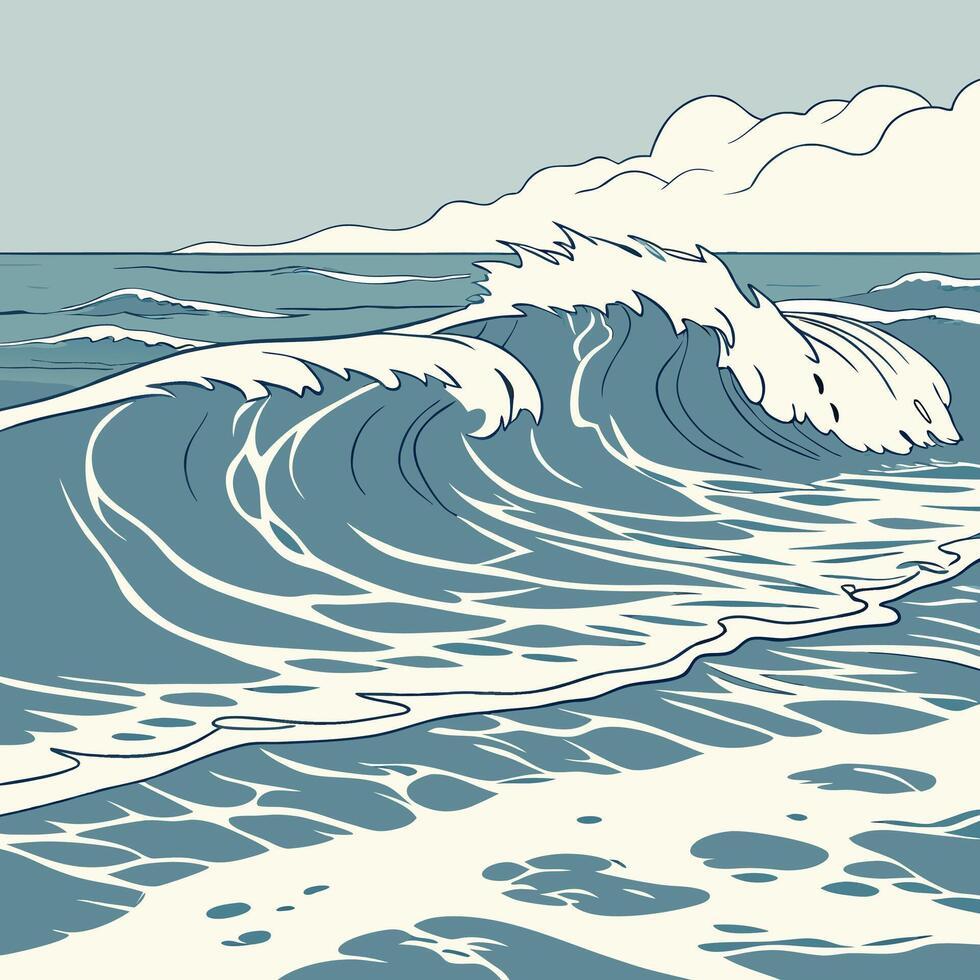 Teal Ocean Wave Illustration Detailed. vector