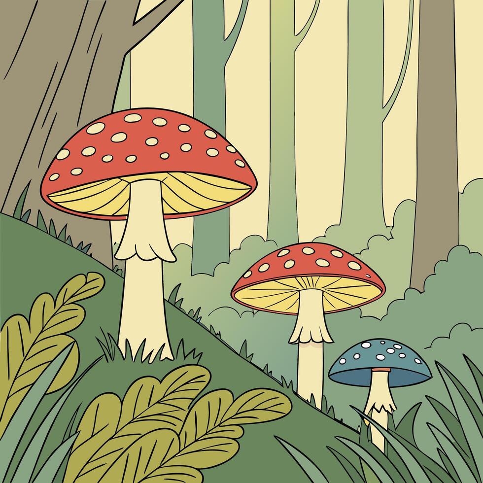 Whimsical Forest Mushrooms Red and White Caps. vector