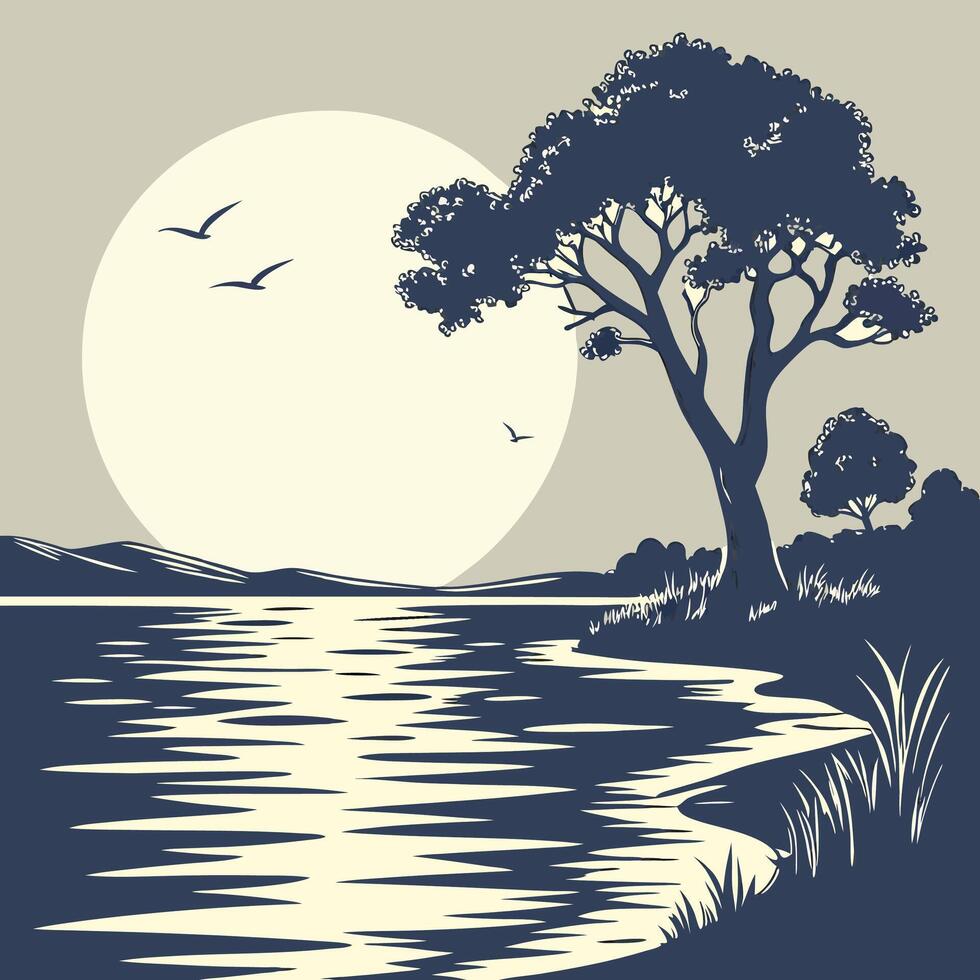Peaceful Lakeside Sunset Silhouette Tree, Calm Water, Moon. vector