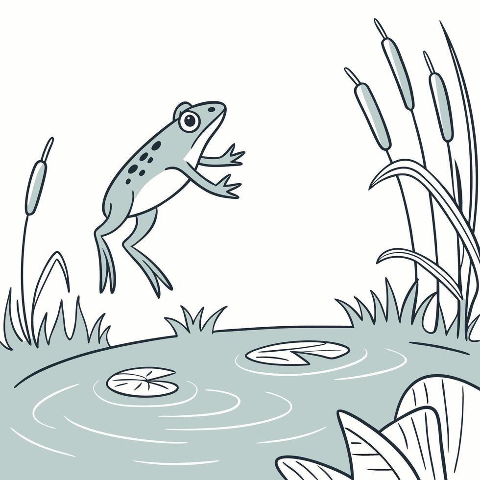 Leaping Frog Pond Illustration Cute Blue Green Line Art. vector