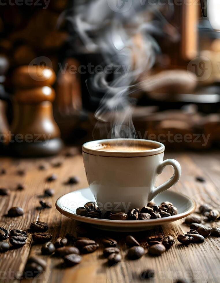 Steaming cup of coffee on wooden table photo