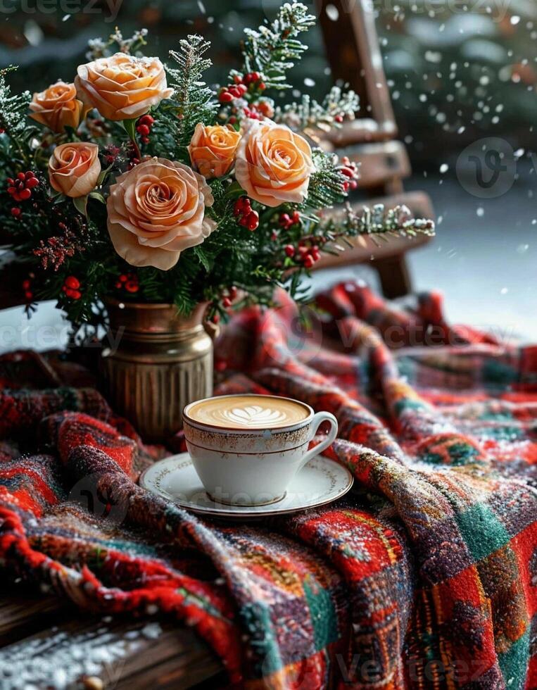 Cozy winter setting with coffee and a bouquet on a snowy day photo