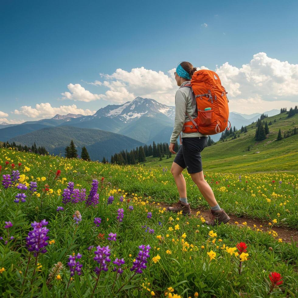 A woman with a backpack walking through a field of wildflowers photo