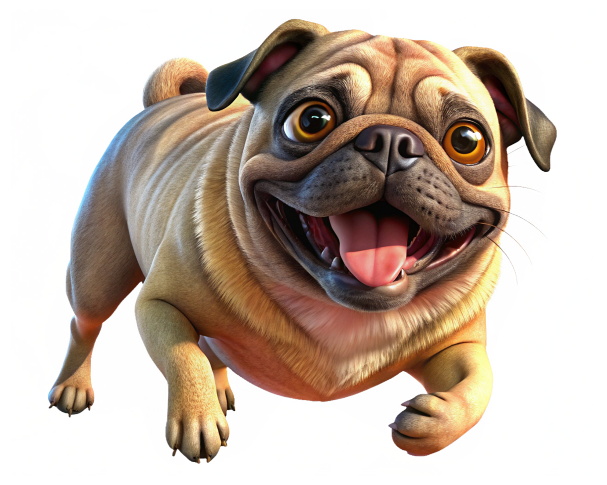 Pug Mid-Run with a Big Smile in Transparent Background png