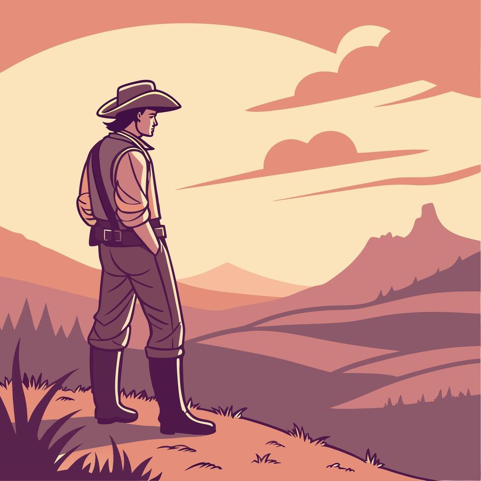 Cowboy Sunset Landscape Silhouette Art Warm Tones. vector