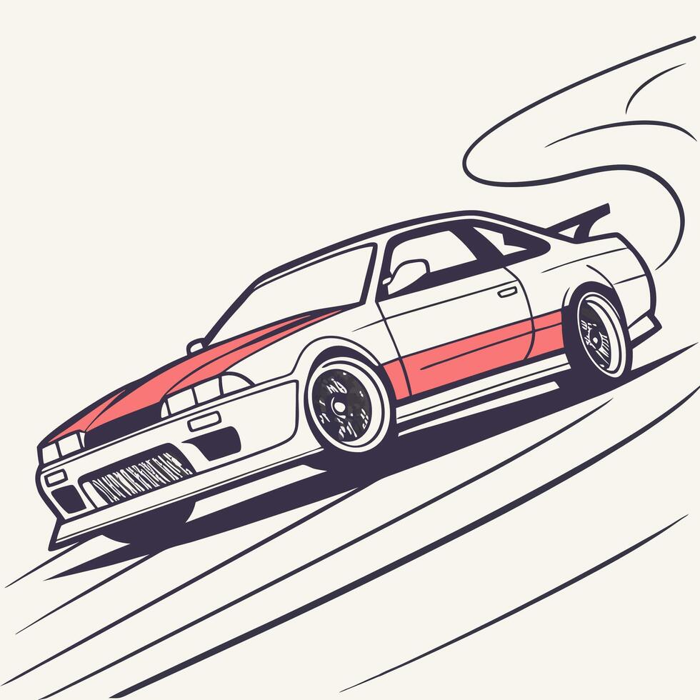 White and Coral Sports Coupe Drifting Illustration High Speed Automotive Design. vector