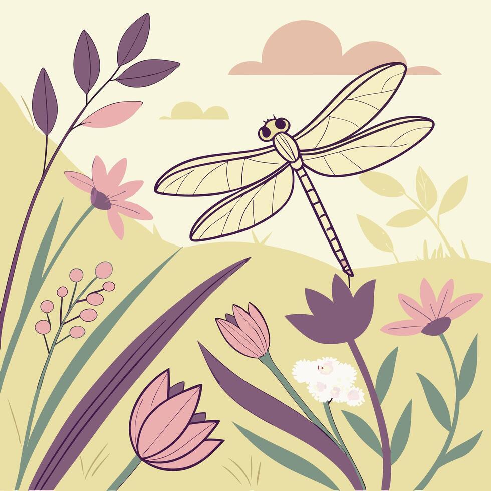 Pastel Dragonfly Meadow Whimsical Line Art Floral Illustration Spring Botanical Design. vector