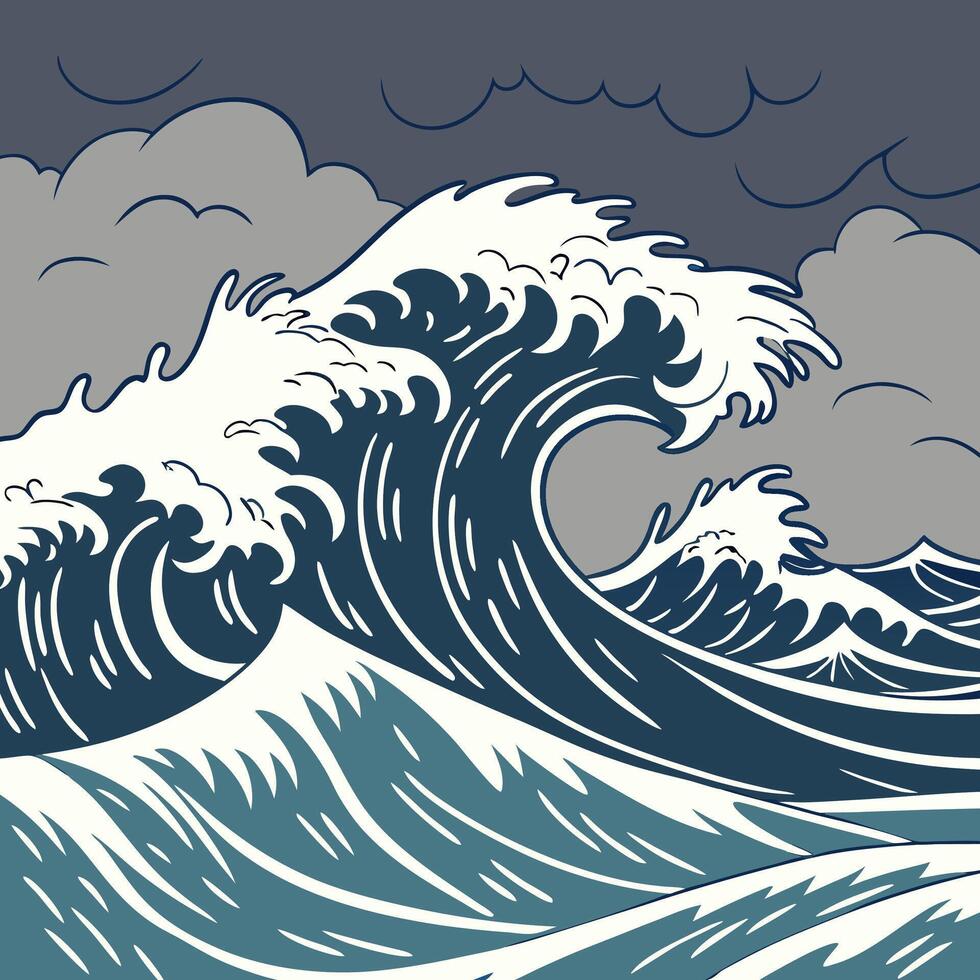 Powerful Ocean Waves Hand Drawn Nautical Stormy Sea Illustration. vector