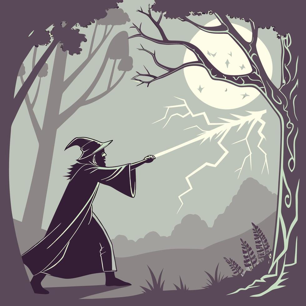 Wizard Casting Spell, Magical Lightning, Moonlit Forest. vector