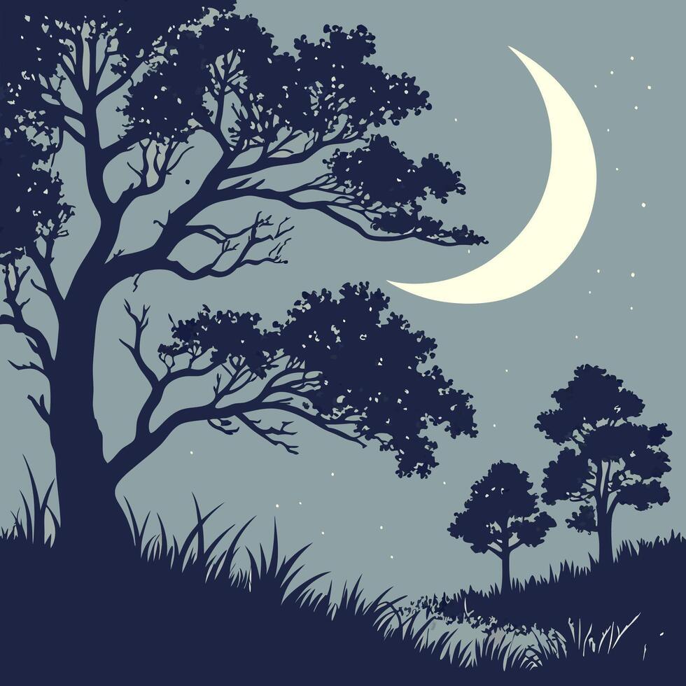 Tranquil Night Scene Silhouetted Trees Under Crescent Moon Illustration. vector