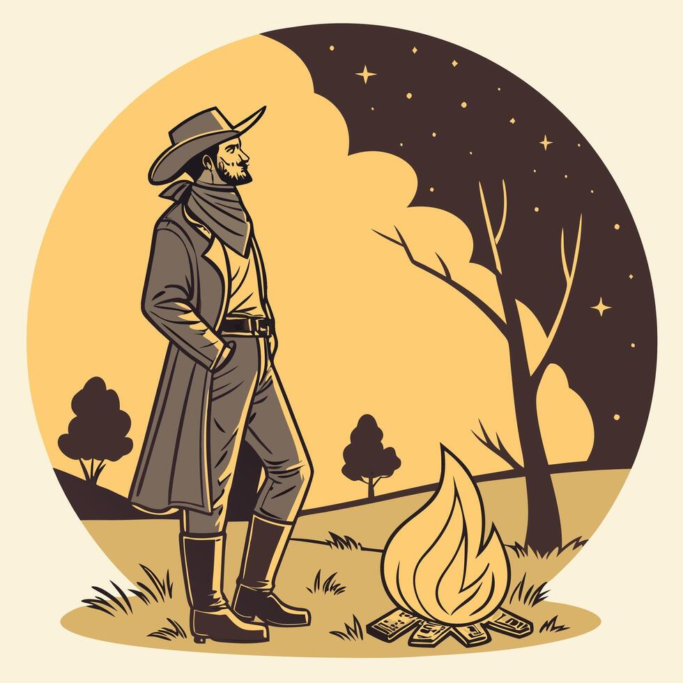 Cowboy Silhouette at Sunset Vintage Western Illustration. vector