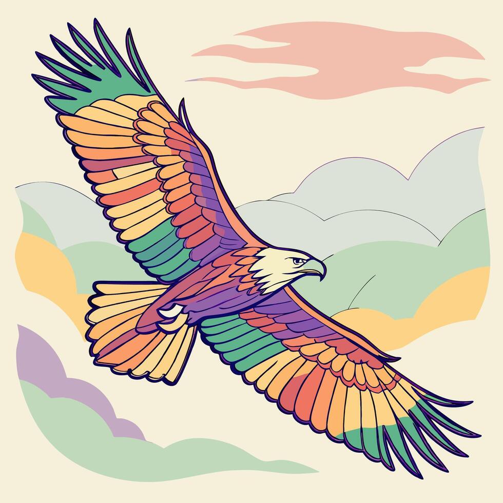 Rainbow Eagle Illustration Pastel Mountains, Freedom. vector
