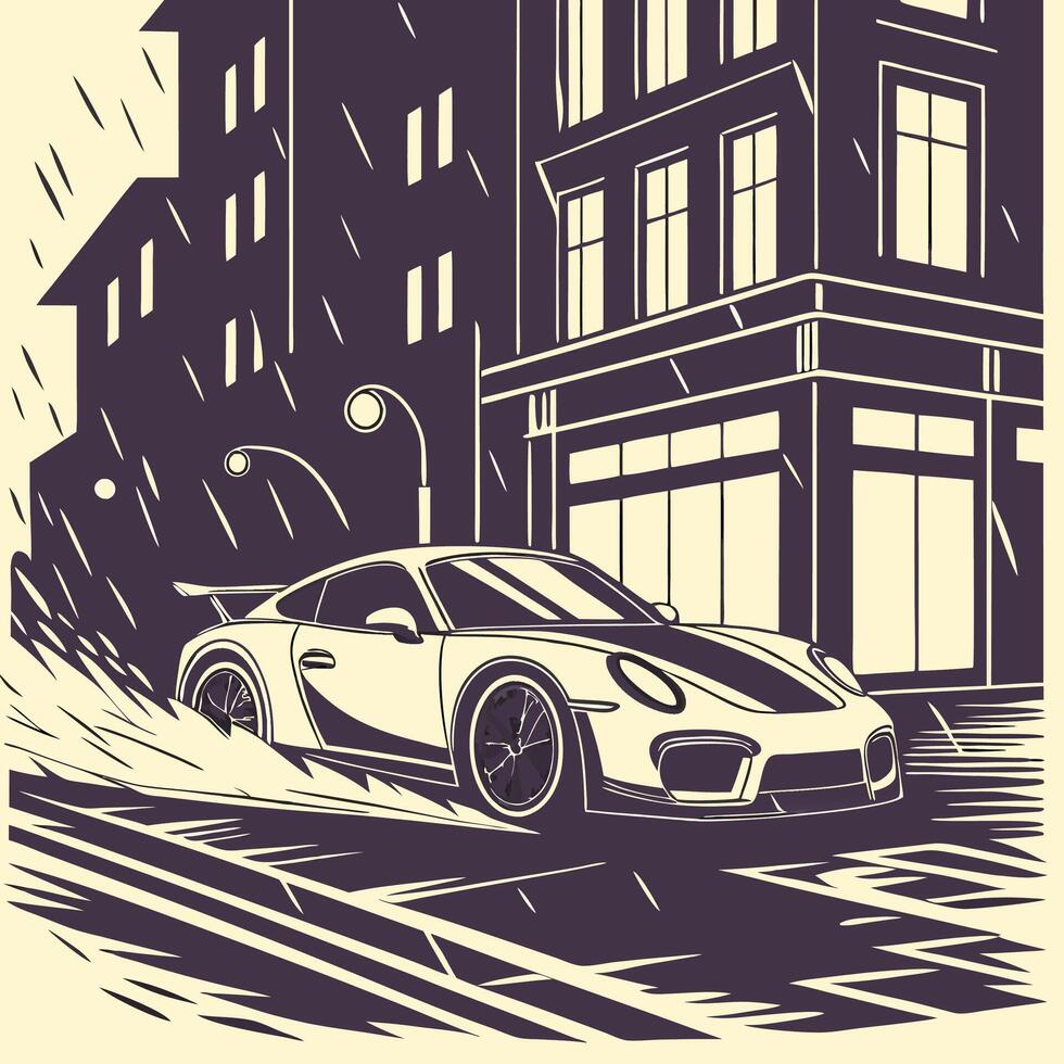 Rainy City Street Powerful White Sports Car Speeding. vector