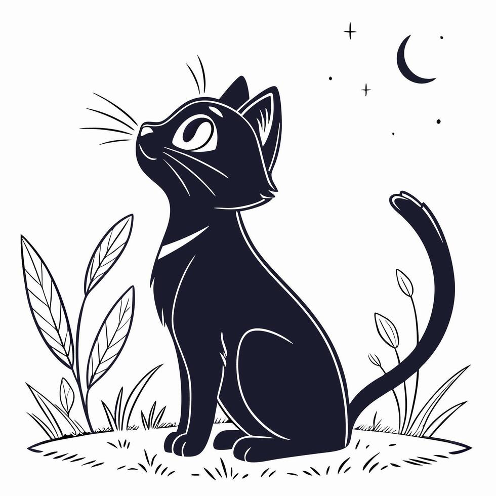 Black Kitten Moon Gazing Elegant Silhouette Illustration, Night Scene. vector
