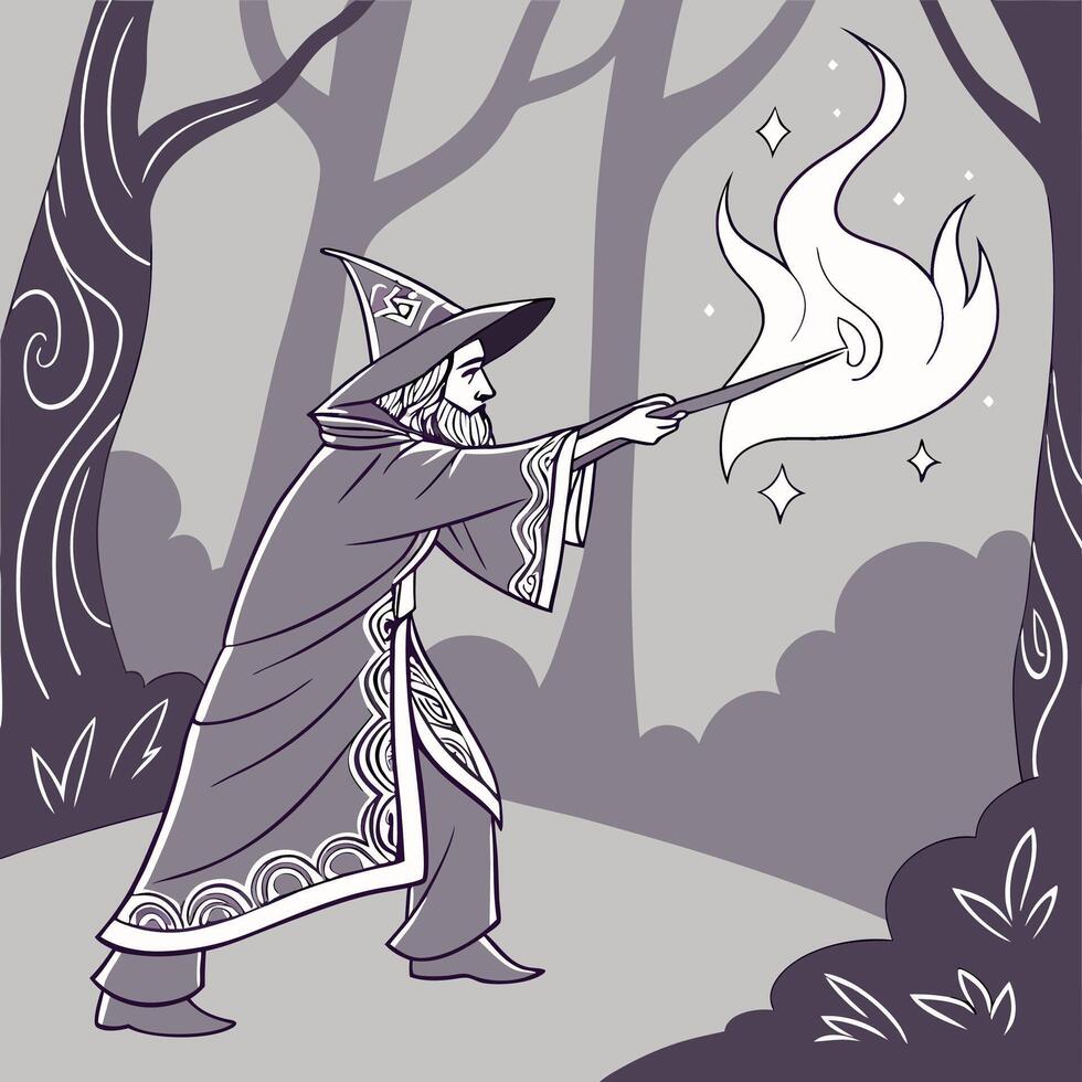 Wizard Casting Spell Grayscale Fantasy Illustration Detailed Robe. vector