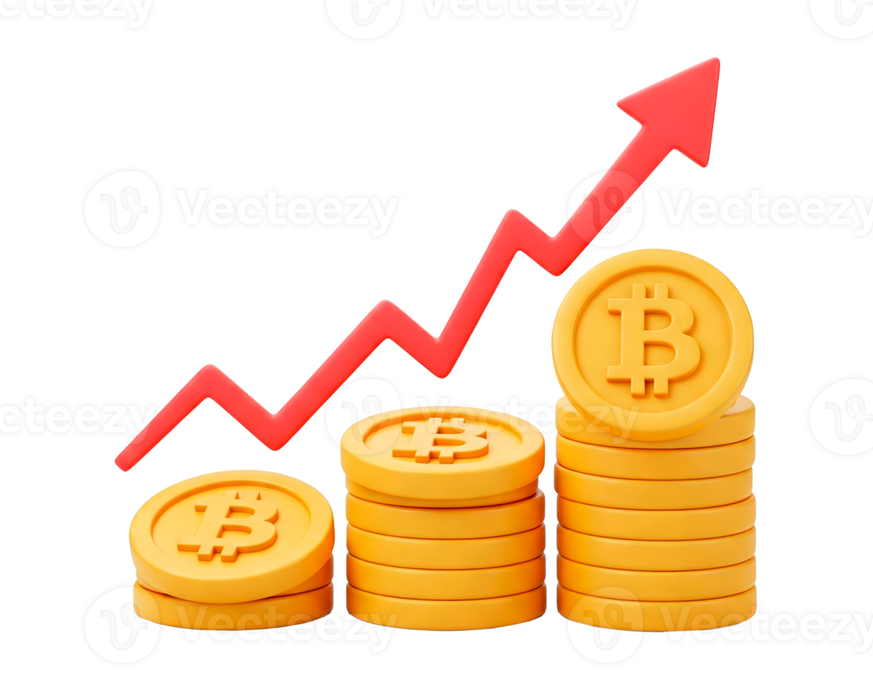 Stacks of bitcoin coins and rising red arrow showing increasing profits cut out. Cartoonish 3D render style png