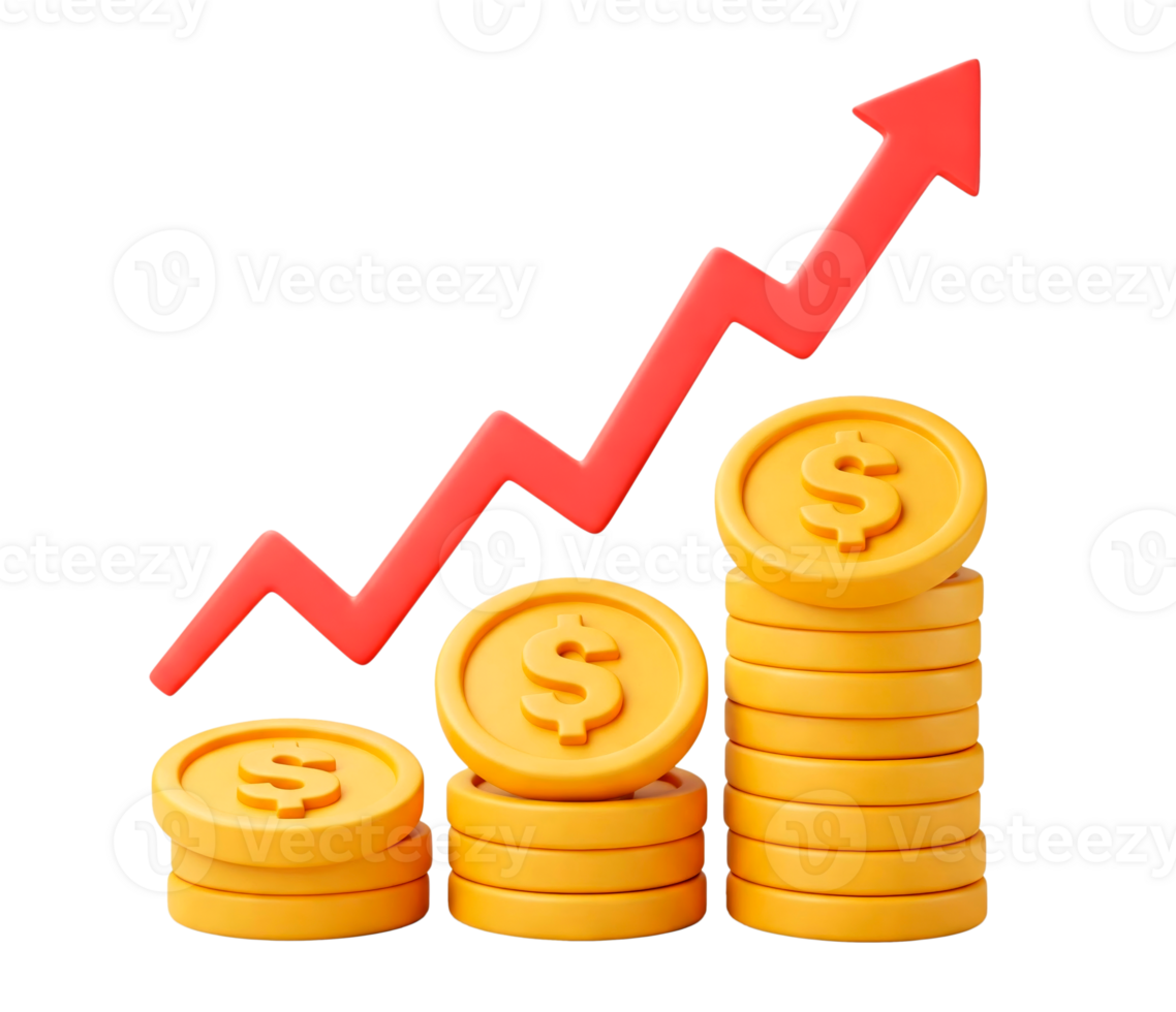Stacks of dollar coins and rising red arrow showing increasing profits cut out. Cartoonish 3D render style png