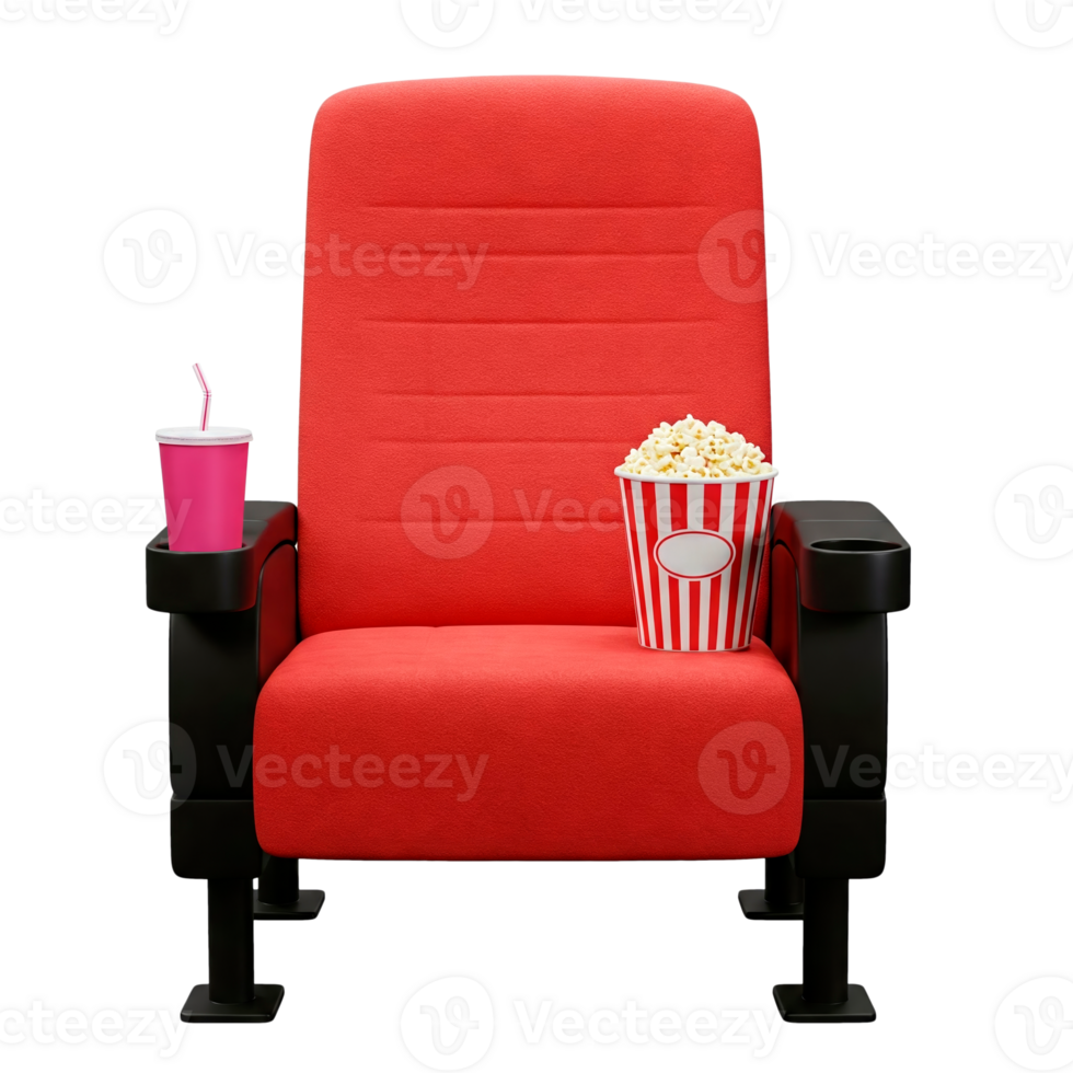 Front view of a Red cinema seat with popcorn and a soda cup cut out png