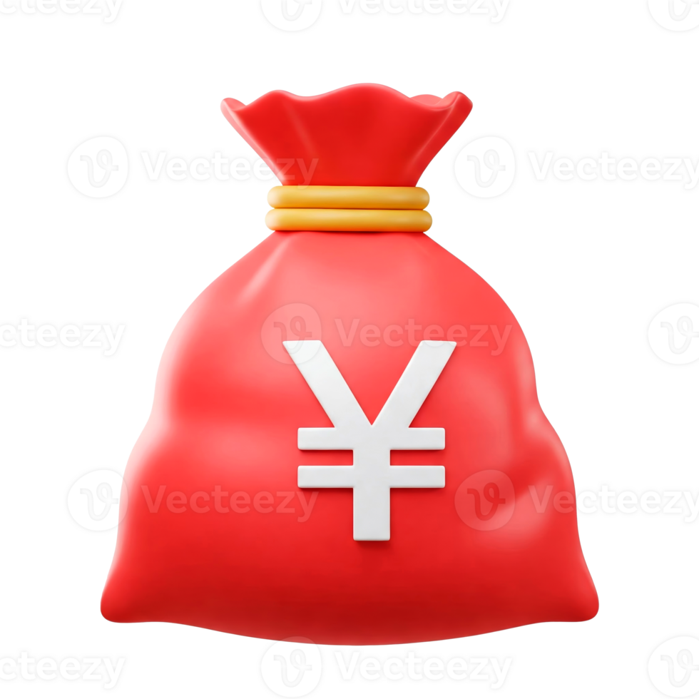 3D render of a cartoonish red money bag with a Yen symbol, tied with rope cut out. Japanese currency and wealth concept png