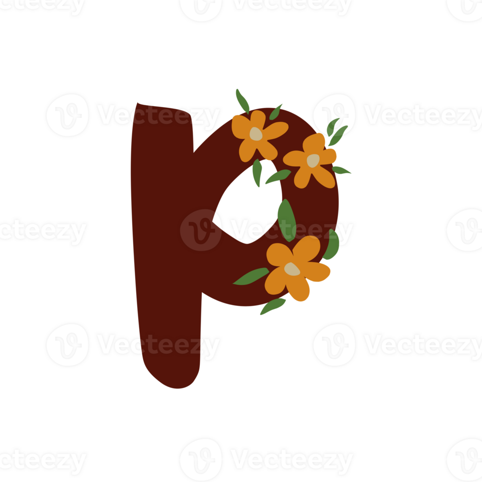 Hand writting of letter p with flower decoration png
