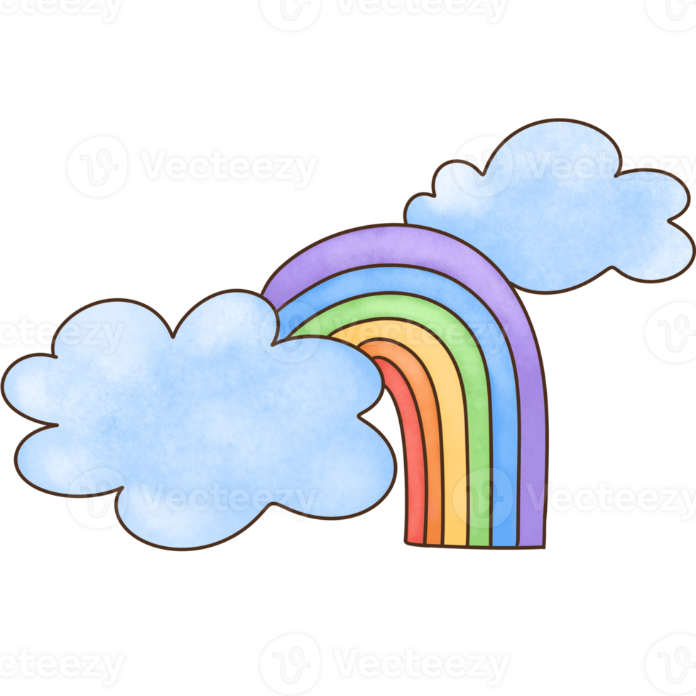 Fluffy clouds with a pastel-colored curved rainbow png