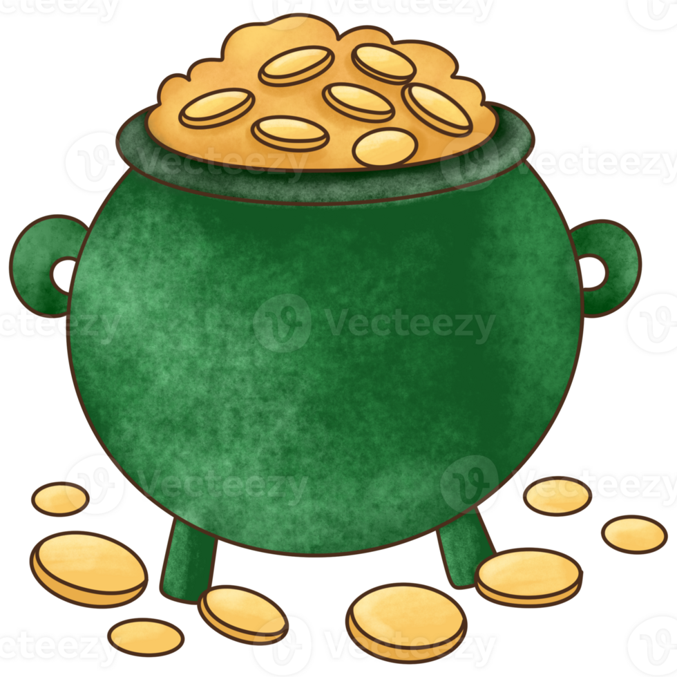 A pot of gold with gold coins scattered around. png