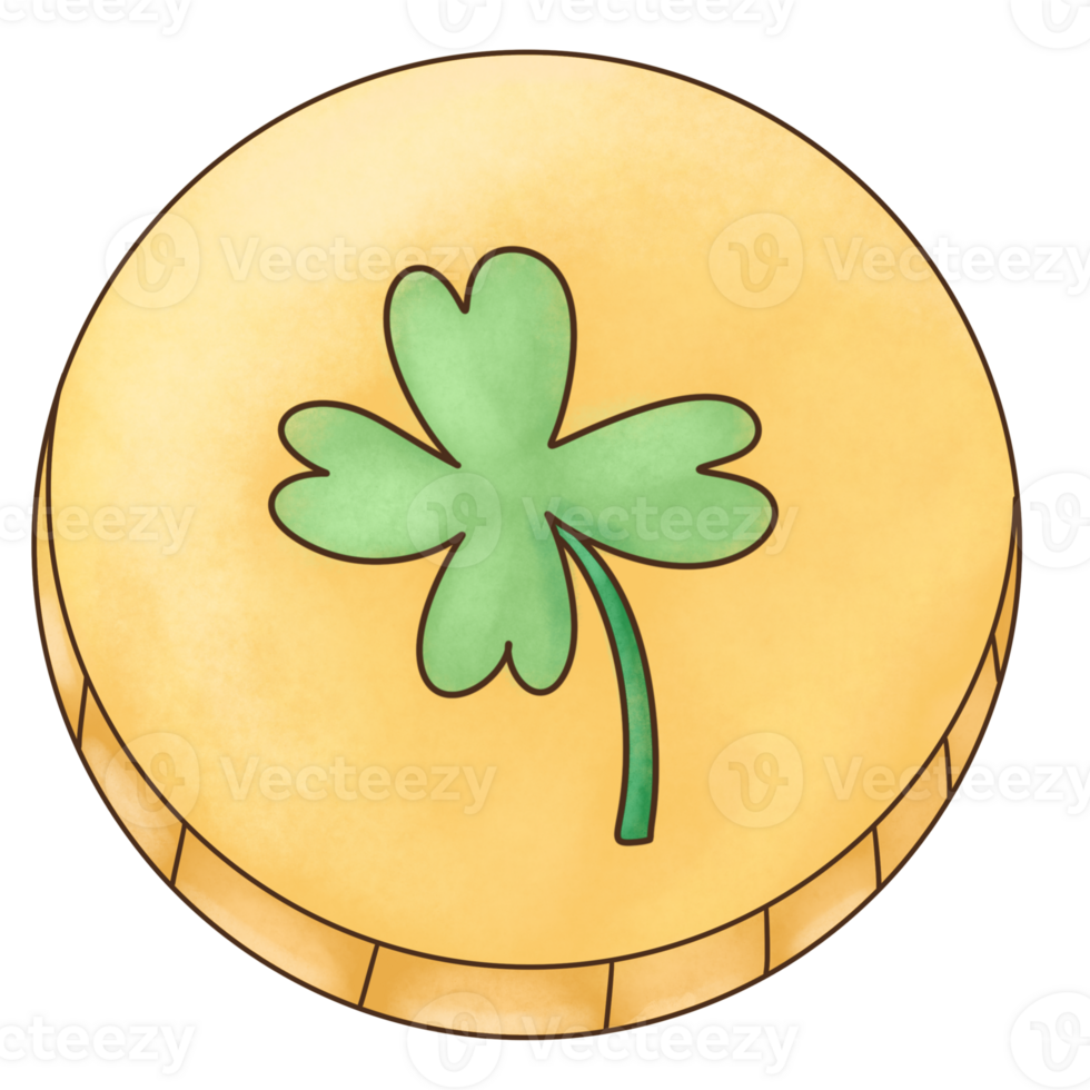 A gold coin with a four-leaf clover on top. png