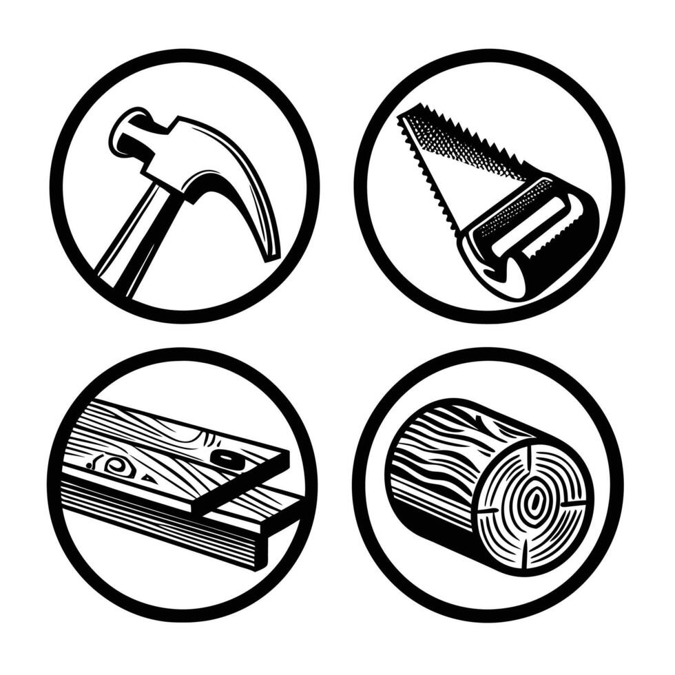 Woodworking Tools Black and White Icon Set vector