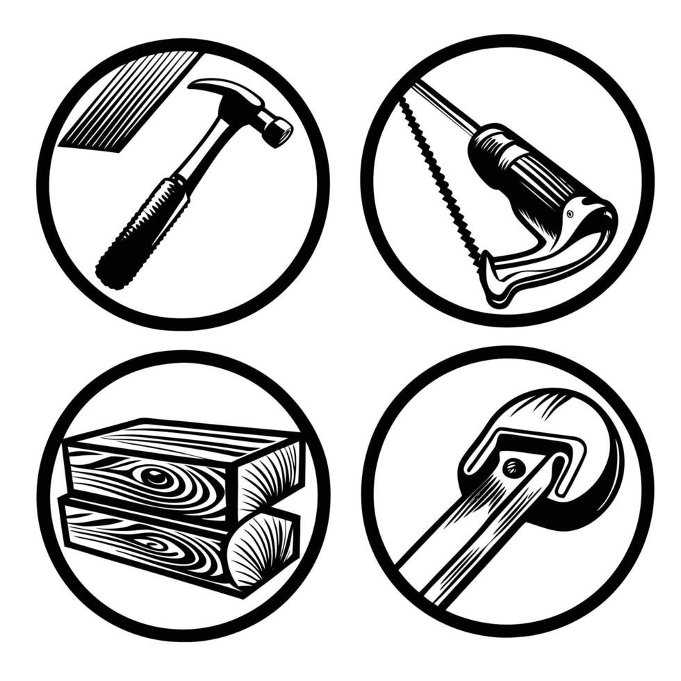 Woodworking Tools and Materials - Black and White Icon Set vector