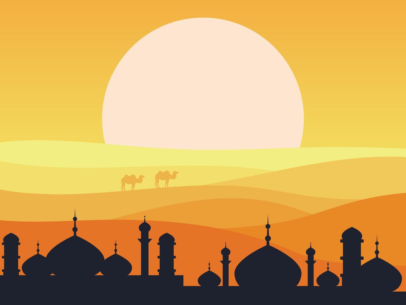 silhouette of a desert landscape with camels and a sunset vector