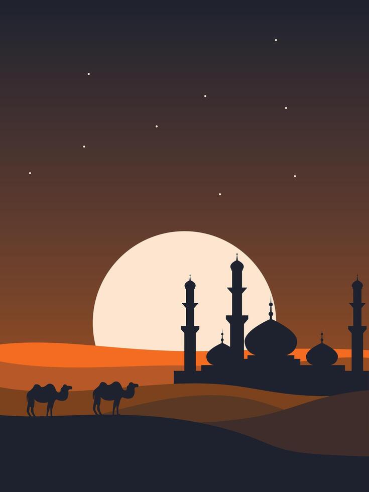 arabic background with camels and mosque at sunset vector