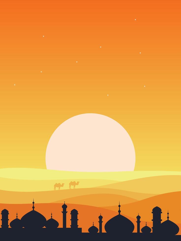 an illustration of a sunset with a mosque in the background vector