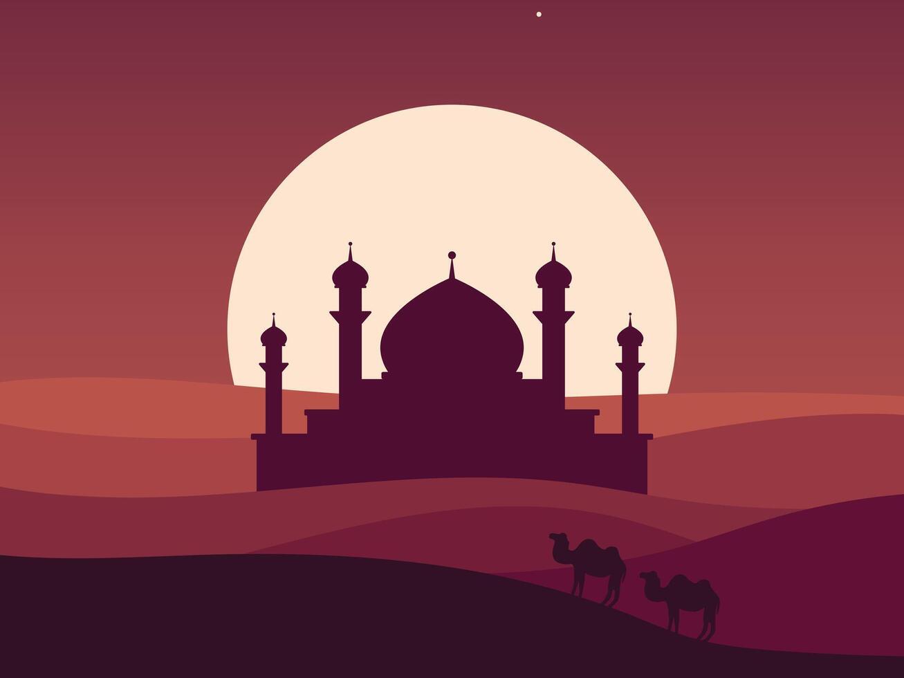 silhouette of a mosque with camels in the desert at sunset vector