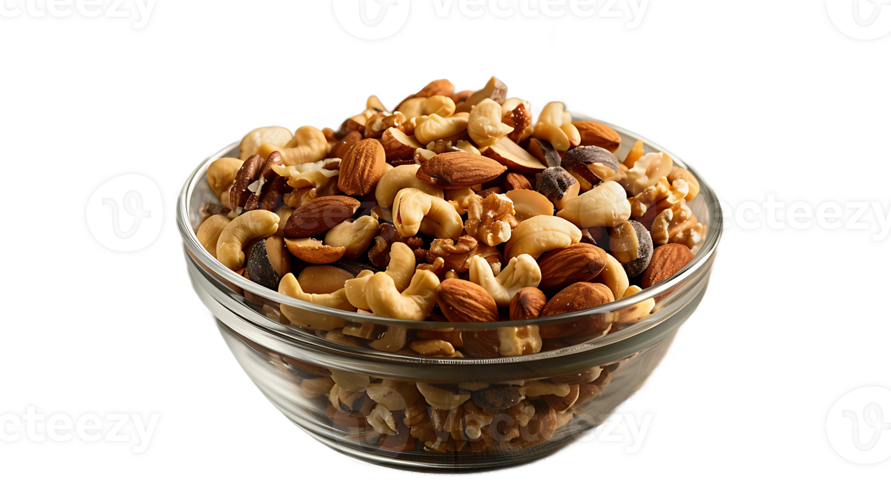 A glass bowl filled with nuts and other nuts png