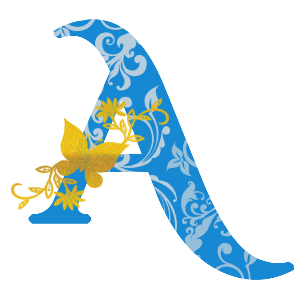 Floral Ornaments and Gold Butterfly on Letter A png